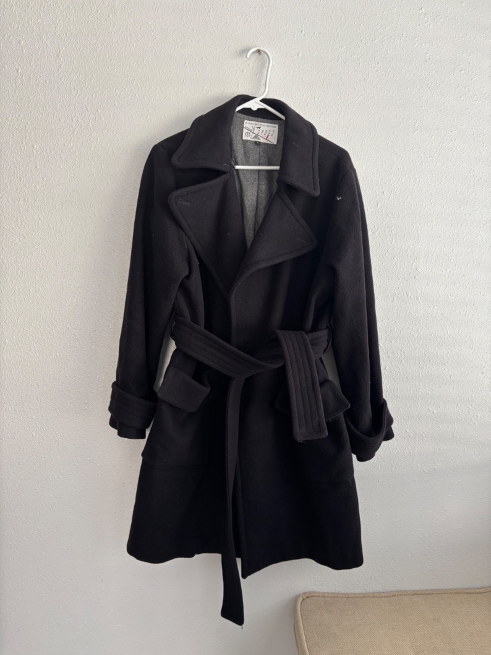 Maison Kitsune Black Wool Cashmere Blend Belted Wrap Oversized Coat - Small